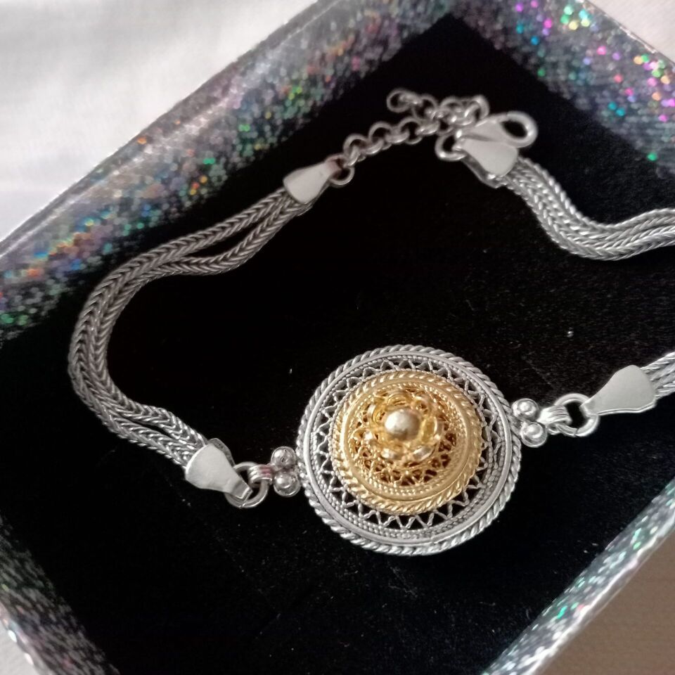 Telkari Gümüş Altın Kaplama Detaylı Bileklik