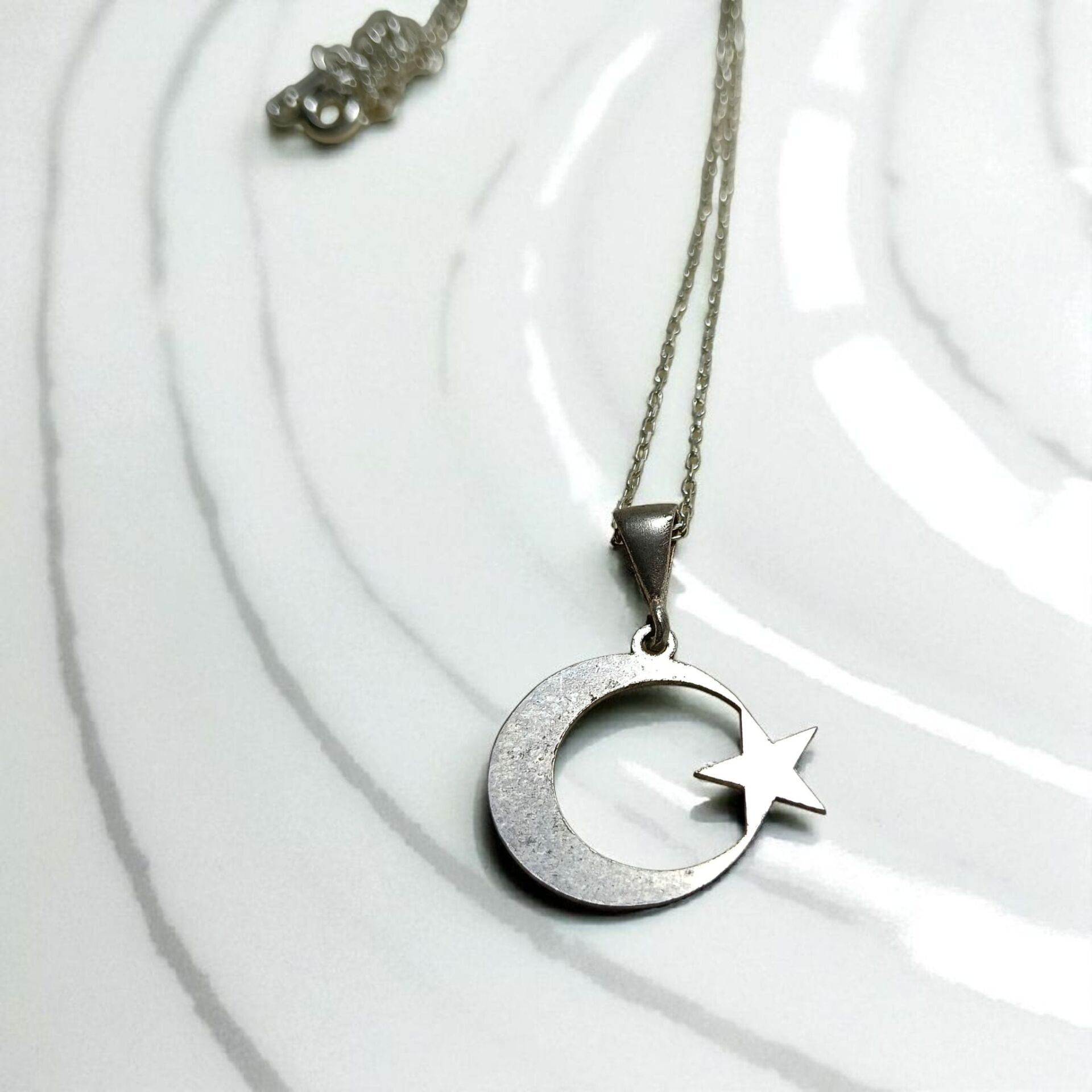 AY YILDIZ TÜRK BAYRAĞI GÜMÜŞ KOLYE  UCU VE GÜMÜŞ ZİNCİR