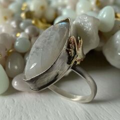 AY TAŞI  PİRİNÇ YAPRAK DETAYLI GÜMÜŞ EL YAPIMI YÜZÜK