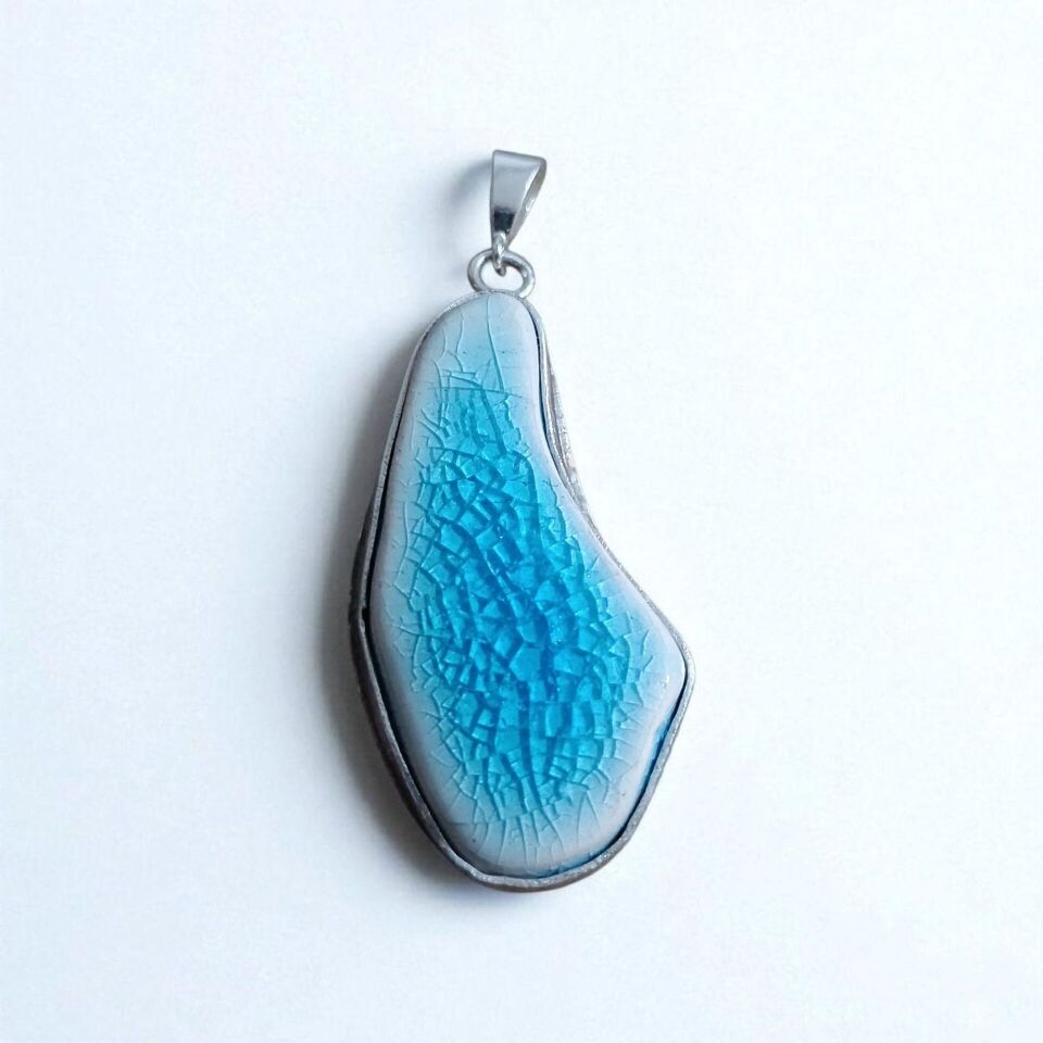 SERAMİK TAŞLI EL YAPIMI GÜMÜŞ  KOLYE UCU