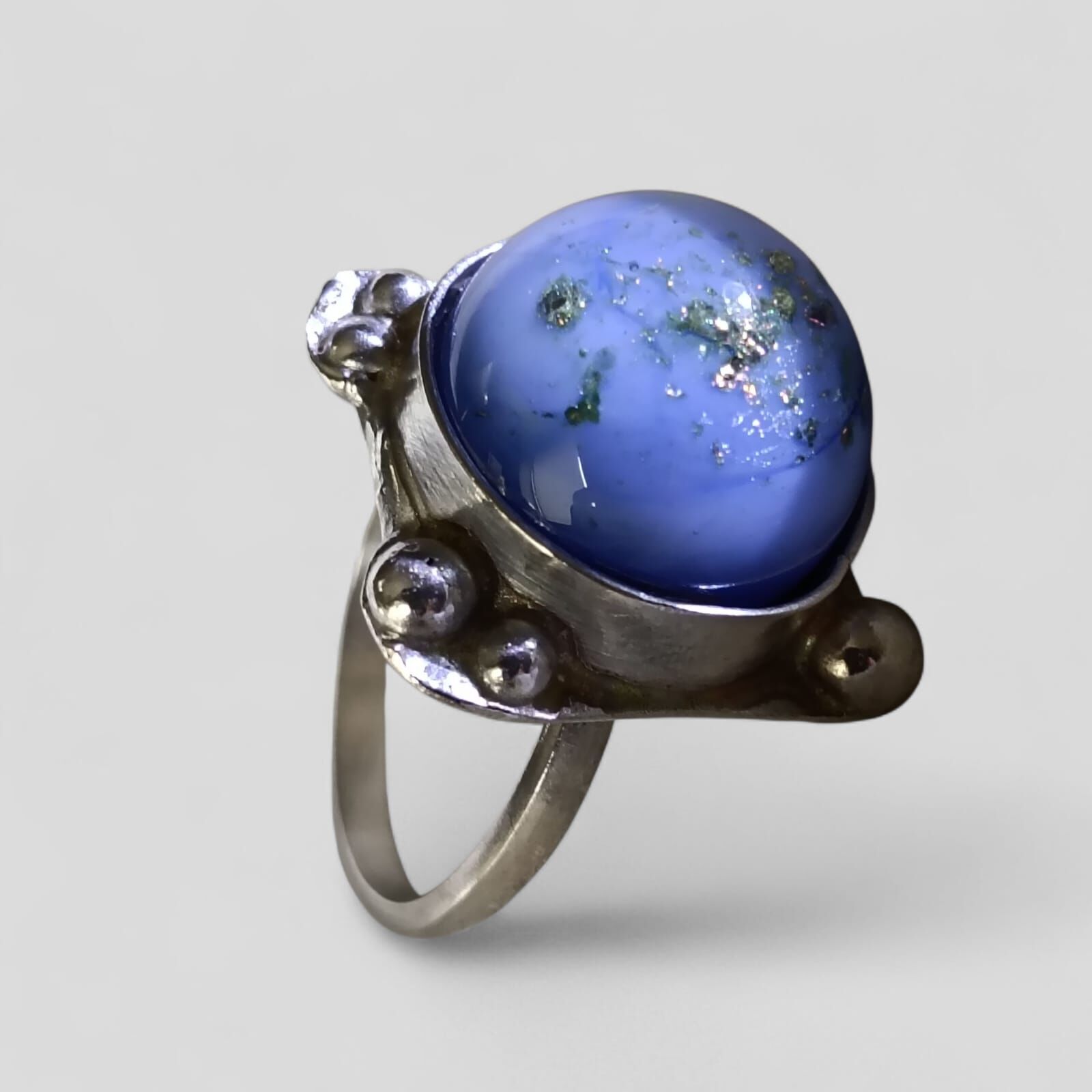 Mavi Renkli Cam Taşlı El Yapımı  925 Ayar Gümüş Yüzük