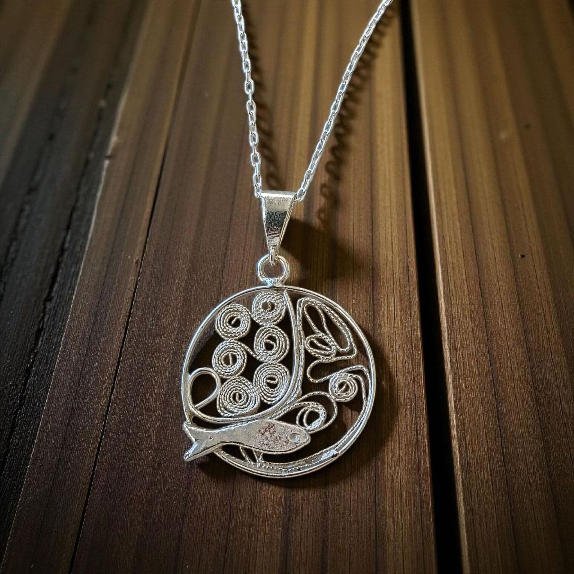 Telkari Balık Deniz Konseptli El Yapımı Gümüş Kolye ve Zinciri