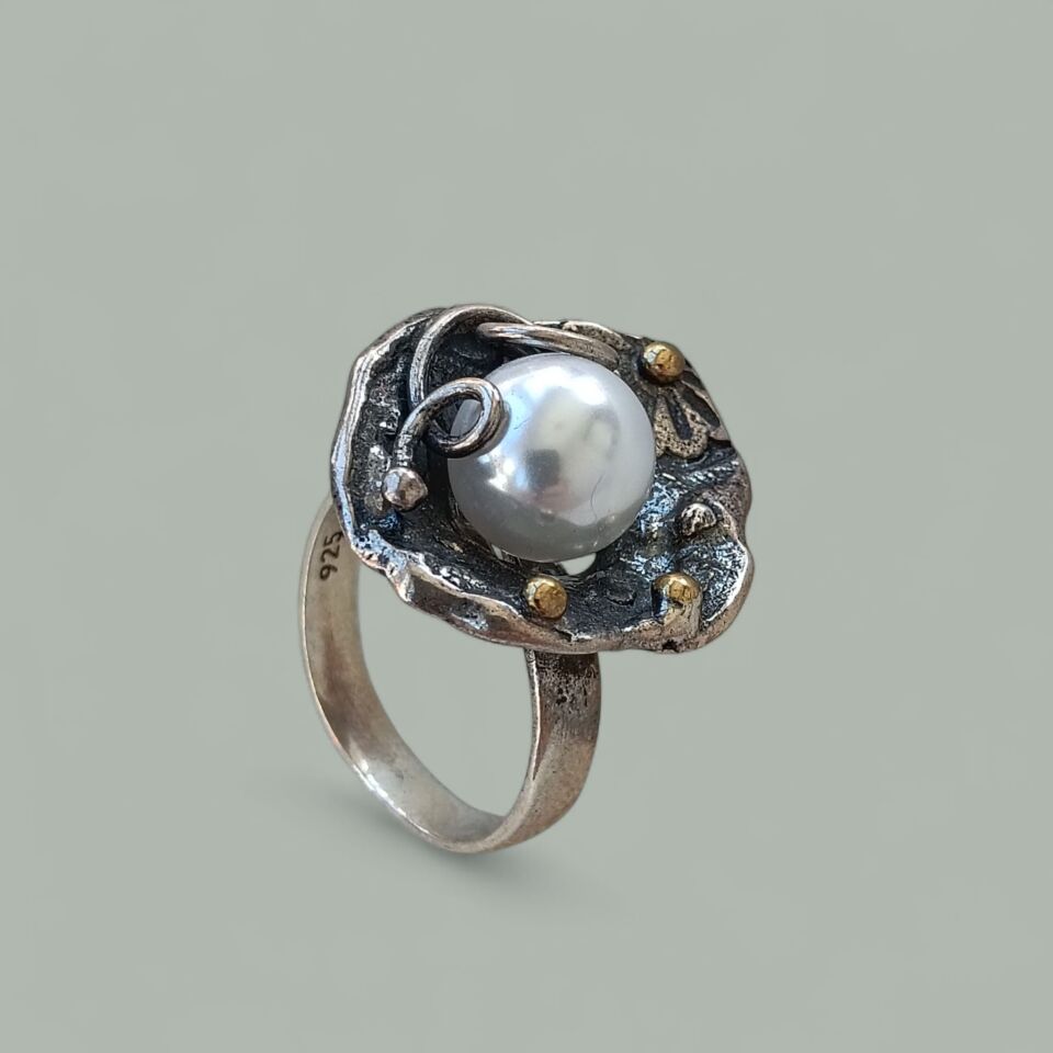 Gümüş İnci Taşlı El Yapımı Tasarım 925 Ayar Gümüş Yüzük