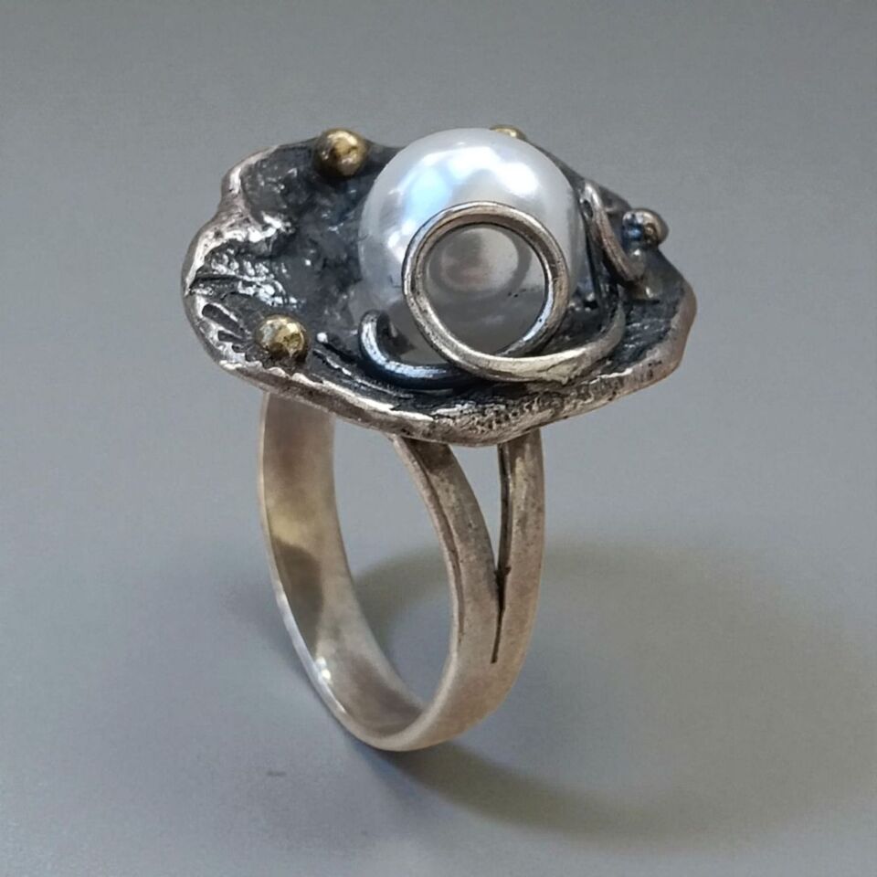Gümüş İnci Taşlı El Yapımı Tasarım 925 Ayar Gümüş Yüzük