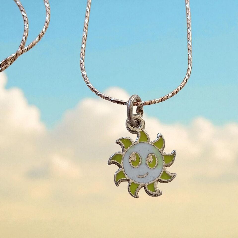 Güneş Mineli Renkli Gümüş Üzerine Altın Kaplama Kolye Ucu ve Zinciri