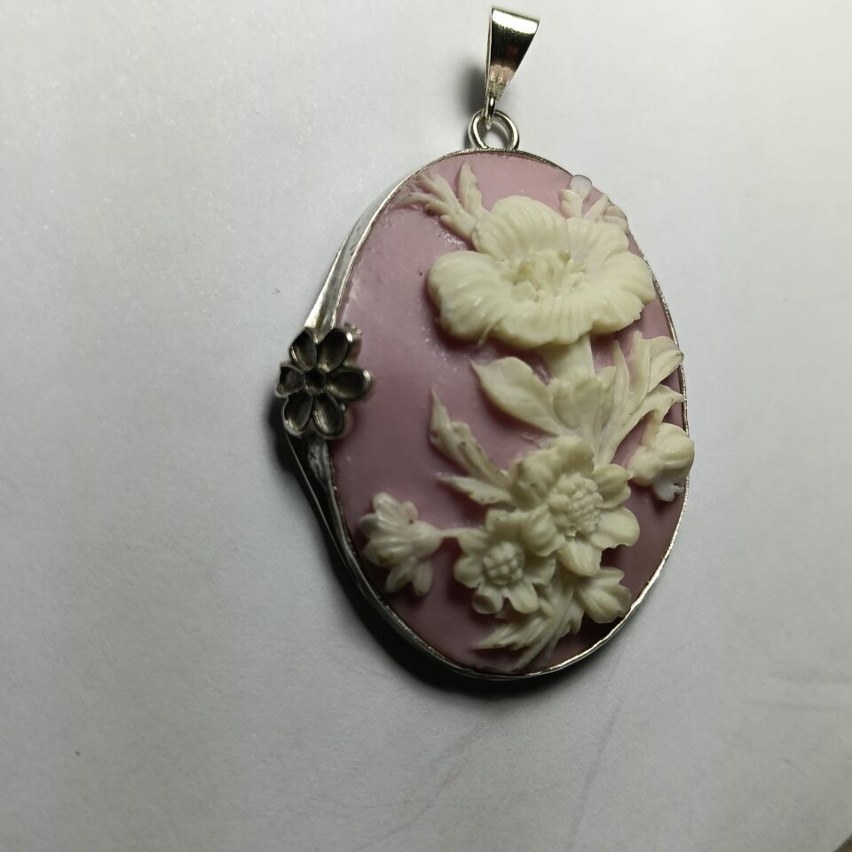 Cameo Çiçek Desenli El Yapımı 925 Ayar Gümüş Kolye Ucu