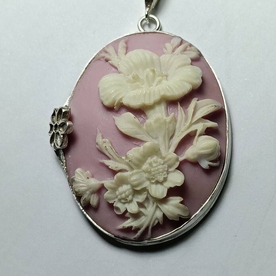 Cameo Çiçek Desenli El Yapımı 925 Ayar Gümüş Kolye Ucu