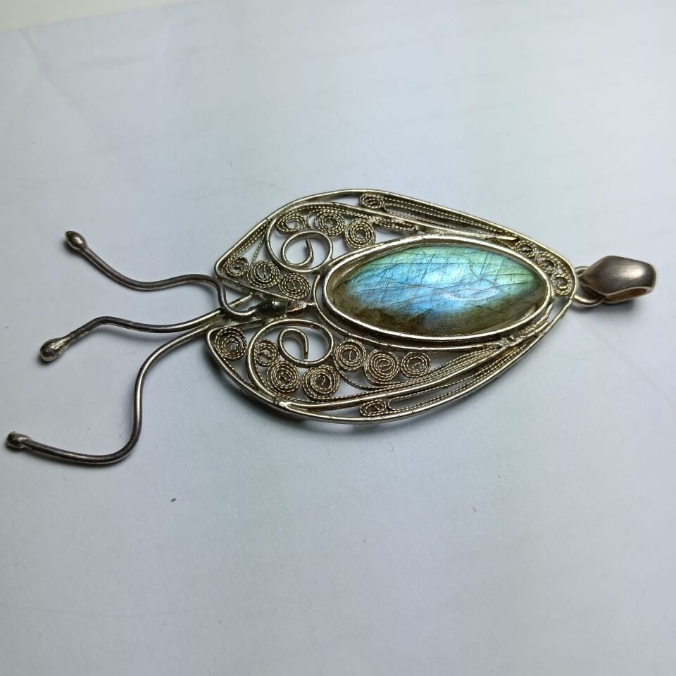 Labradorit Doğal Taşlı Telkari El Yapımı Gümüş Kolye