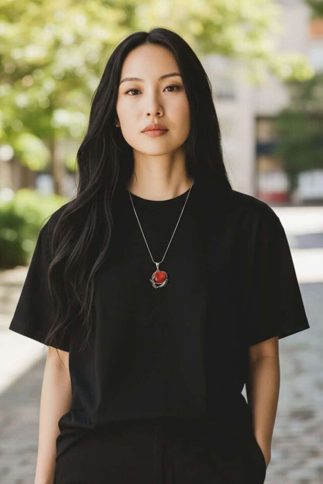 Kırmızı Seramik Taşlı El Yapımı Gümüş Tasarım Kolye Ucu