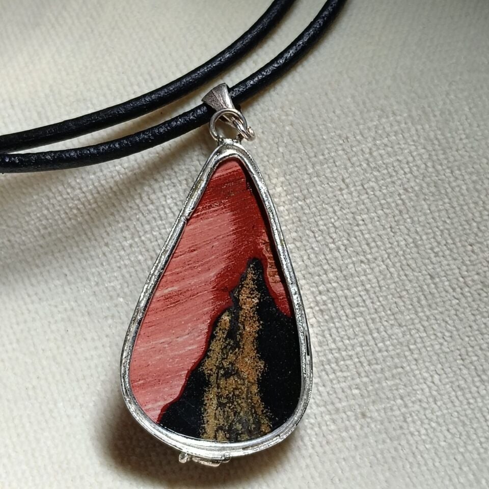 Kırmızı Desenli Jasper Doğal Taşlı El Yapımı Gümüş Tasarım Kolye Ucu