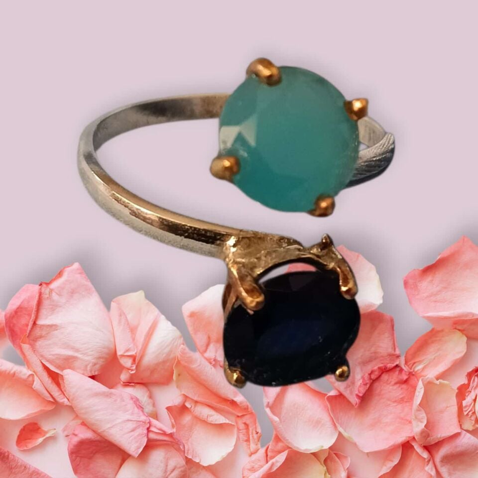 Zirkon İkili Renk Tek Taşlı El Yapımı Gümüş Yüzük