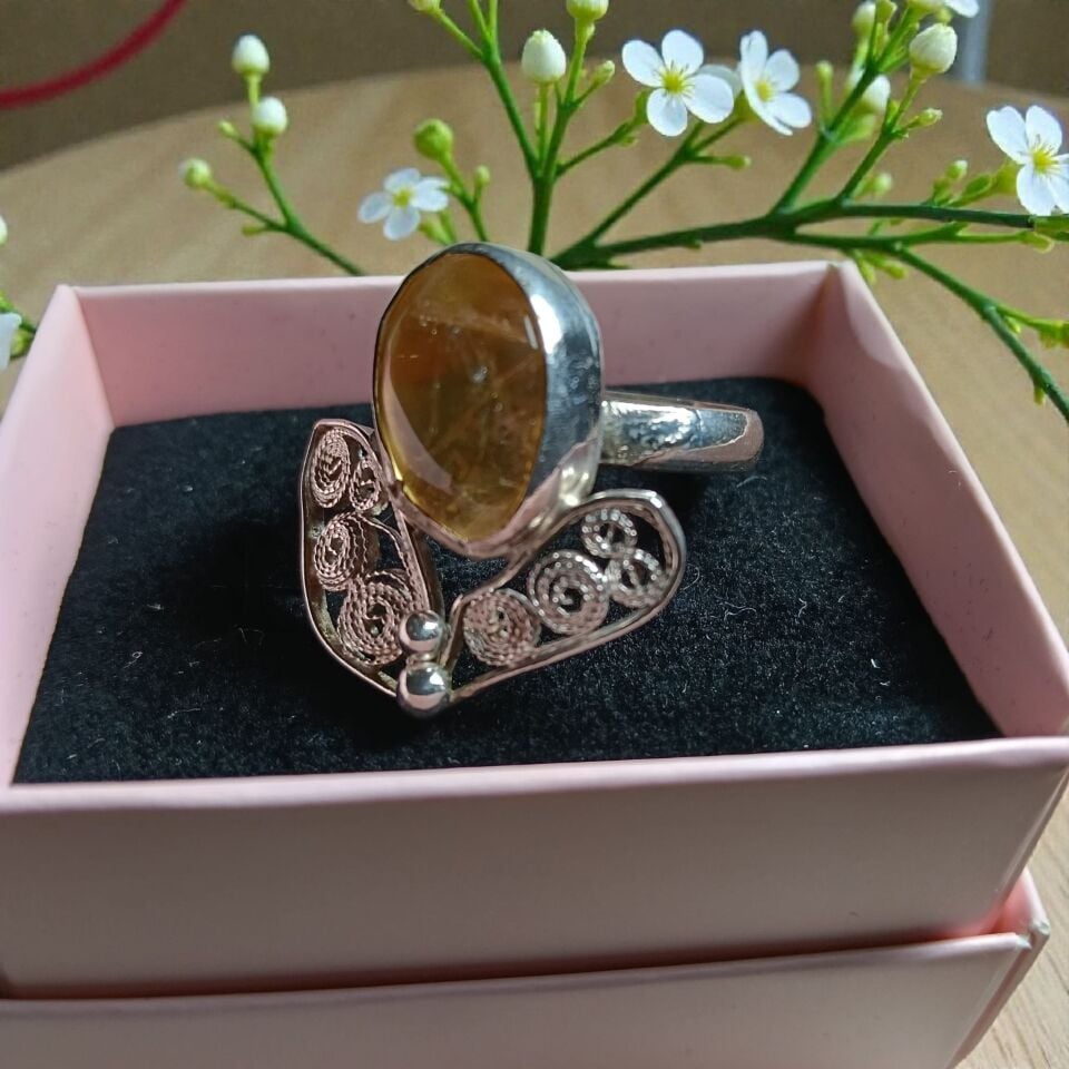 Sitrin Taşlı Telkari Gümüş Yüzük