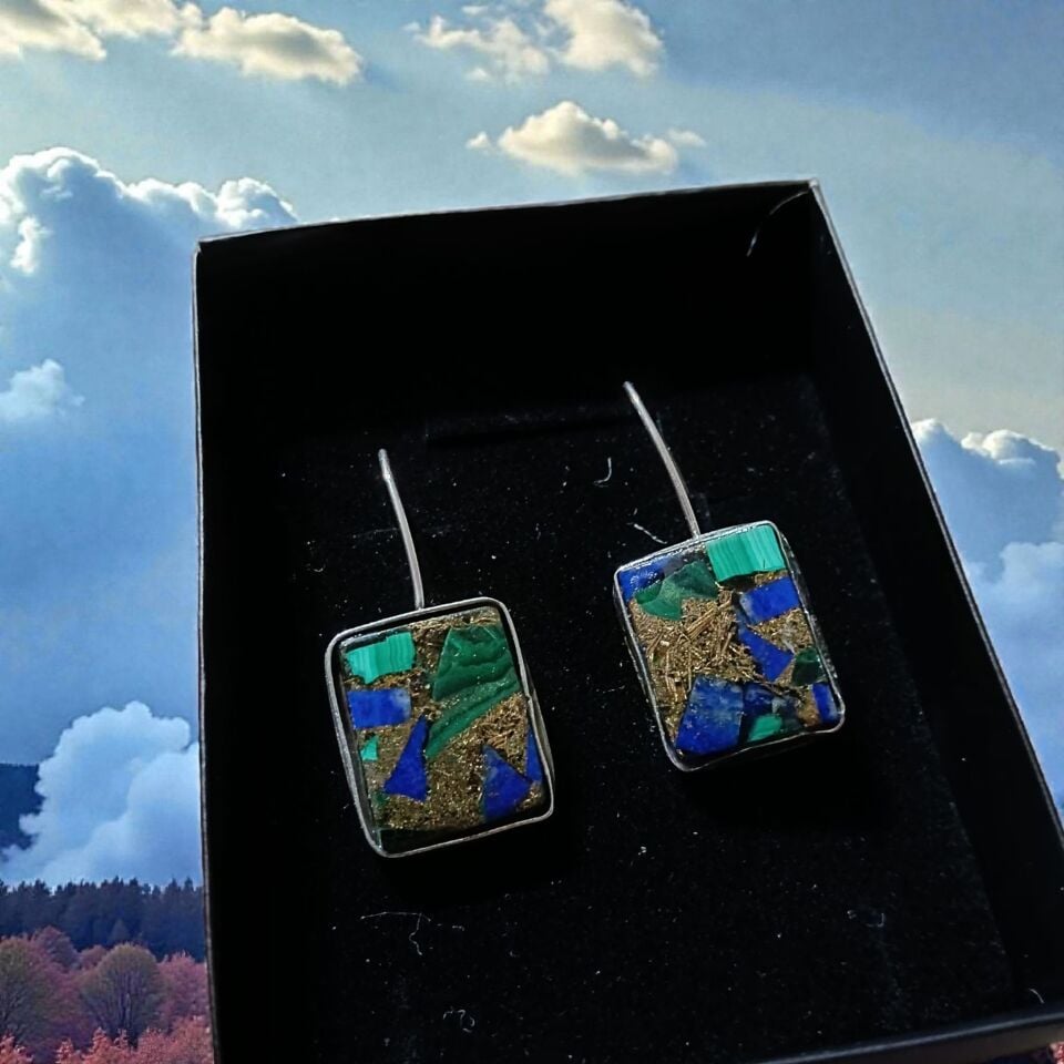 Malahit ve Lapis Lazuli Wooper Doğal Taşlı El Yapımı Gümüş Küpeler