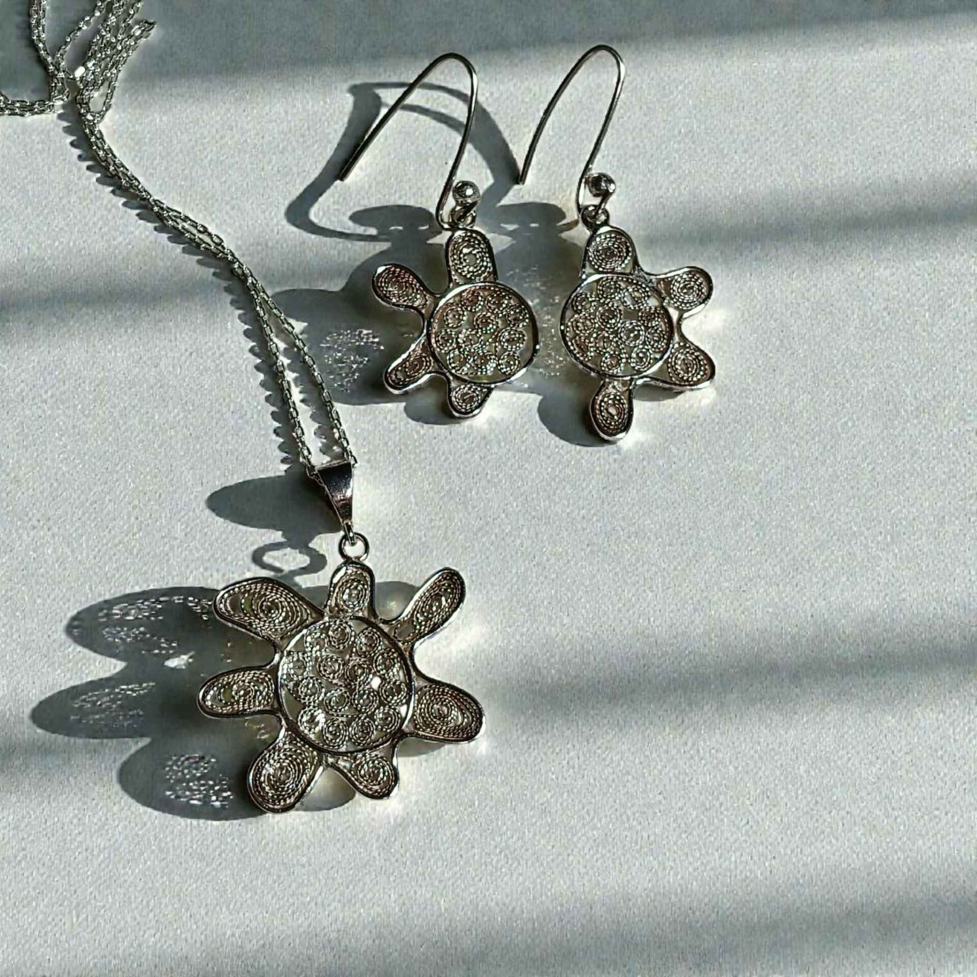 Telkari Kaplumbağa Gümüş Kolye Ucu ve Kaplumbağa Gümüş  Küpeler