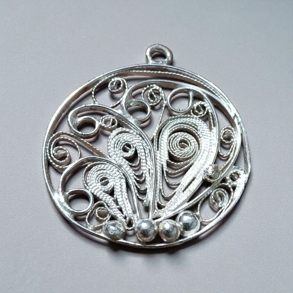 Telkari Gümüş El Yapımı Çiçek Kolye Ucu ve Gümüş Zinciri