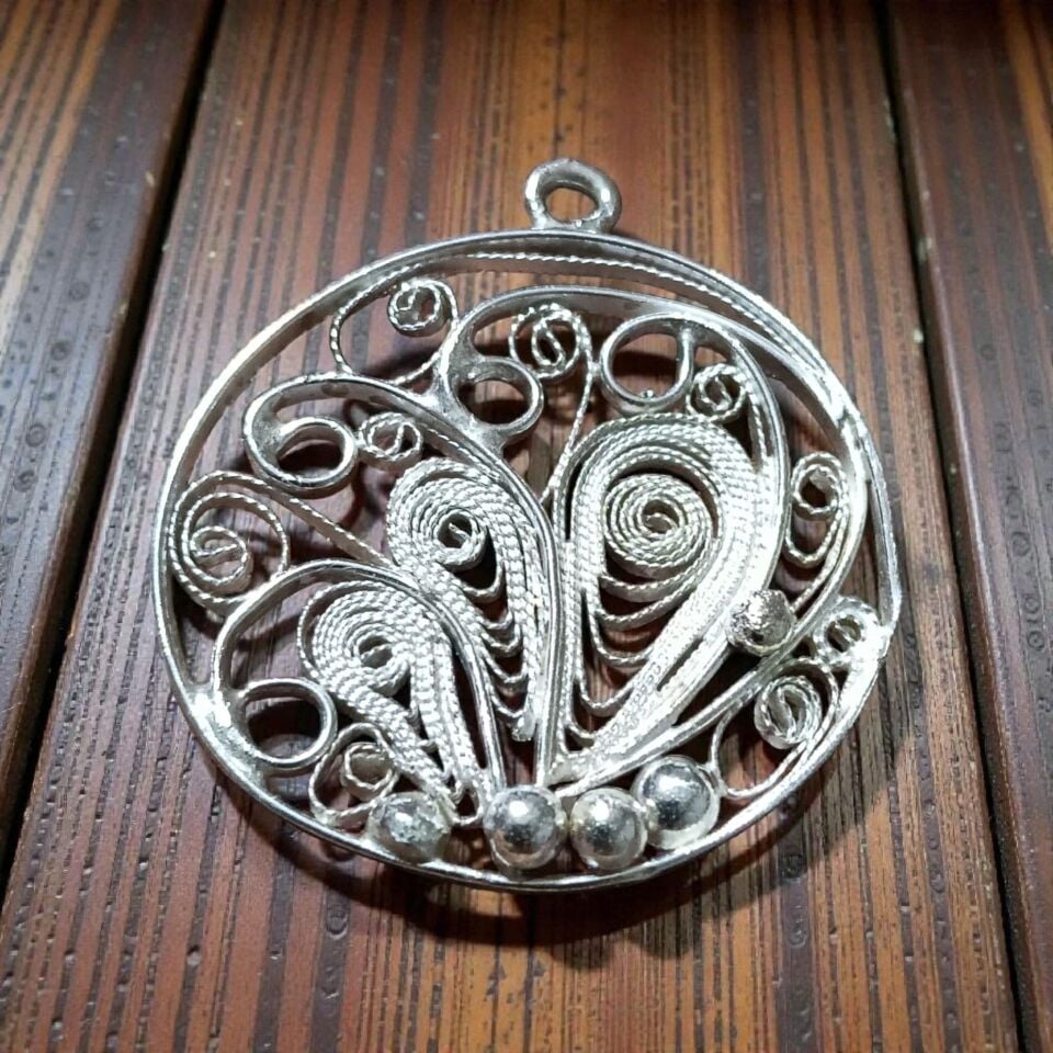 Telkari Gümüş El Yapımı Çiçek Kolye Ucu ve Gümüş Zinciri