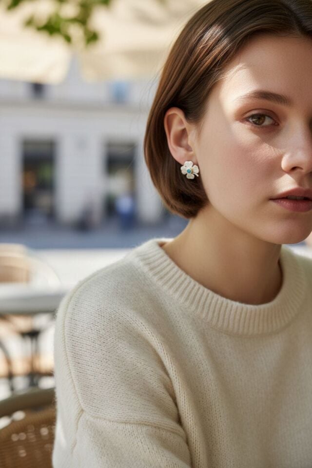 Gümüş Yonca Mavi Zirkon Taşlı El Yapımı Küpeler