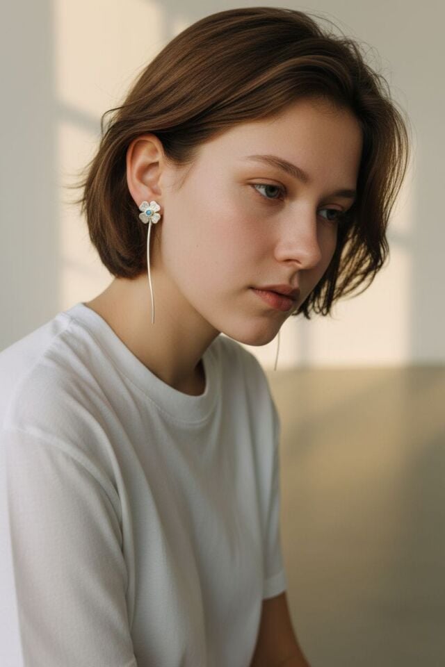 Gümüş Yonca Mavi Zirkon Taşlı El Yapımı Küpeler