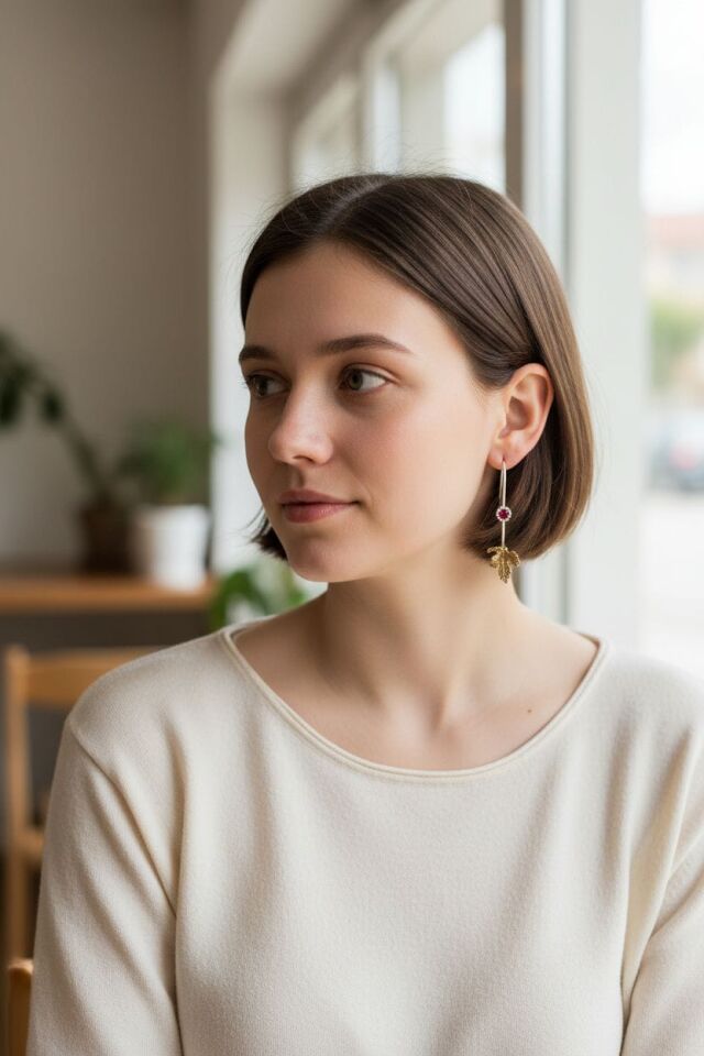 Asma Yaprağı Kırmızı Zirkon Taşlı El Yapımı  Gümüş Küpeler