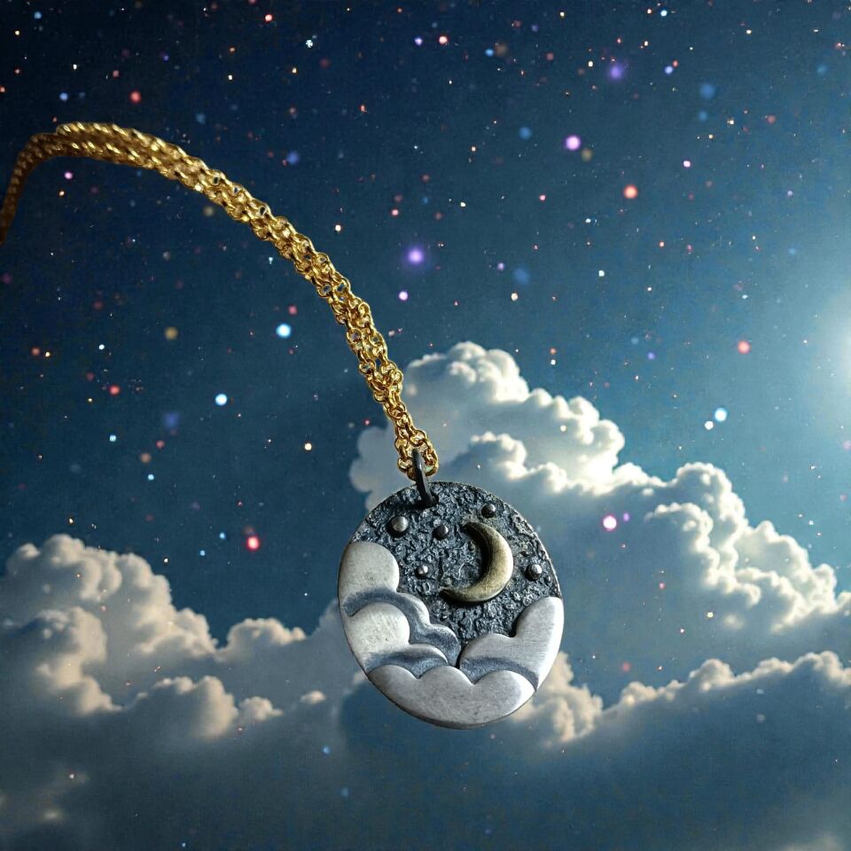 Ay ve Yıldızlar & Bulutlar  Oksit Gümüş ve Altın Kaplamalı 925 Ayar Kolye