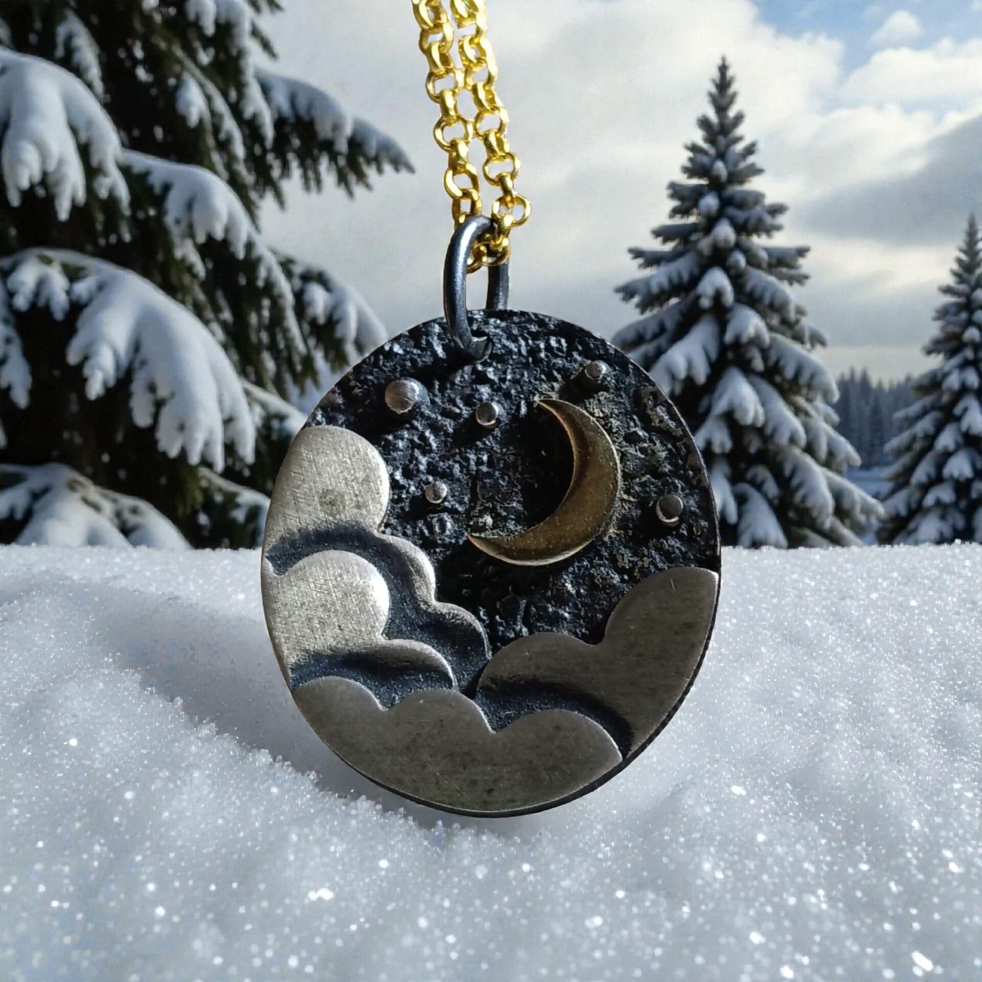 Ay ve Yıldızlar & Bulutlar  Oksit Gümüş ve Altın Kaplamalı 925 Ayar Kolye