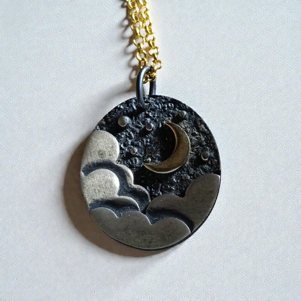 Ay ve Yıldızlar & Bulutlar  Oksit Gümüş ve Altın Kaplamalı 925 Ayar Kolye