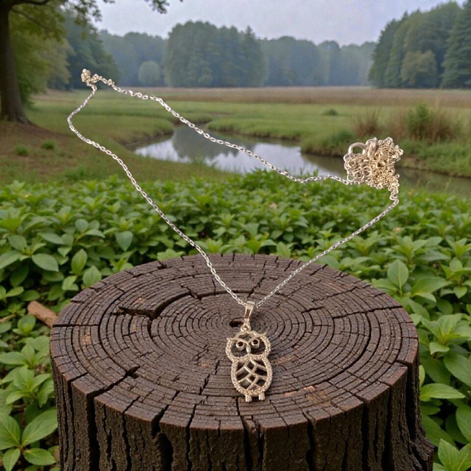 Gümüş 925 Ayar Zirkon Taşlı Baykuş Kolye ve 925 Ayar Gümüş  Zinciri