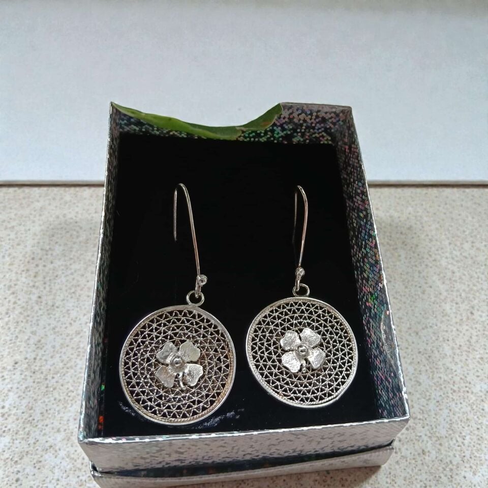 Telkari Sim Dolgu  Yoncalı Yuvarlak Gümüş Küpeler