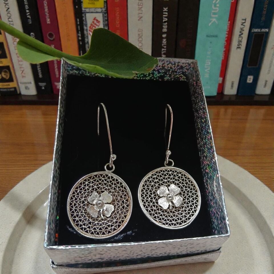 Telkari Sim Dolgu  Yoncalı Yuvarlak Gümüş Küpeler