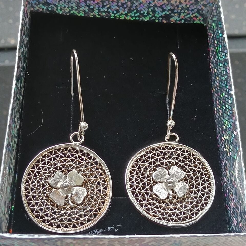 Telkari Sim Dolgu  Yoncalı Yuvarlak Gümüş Küpeler