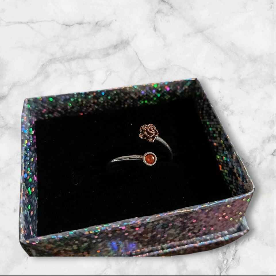 Gül ve Turuncu Zirkon Taşlı Önden Ayarlanabilir El Yapımı Gümüş Yüzük
