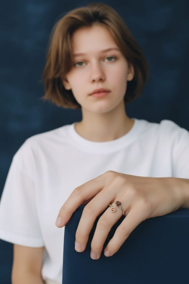 Gül ve Turuncu Zirkon Taşlı Önden Ayarlanabilir El Yapımı Gümüş Yüzük