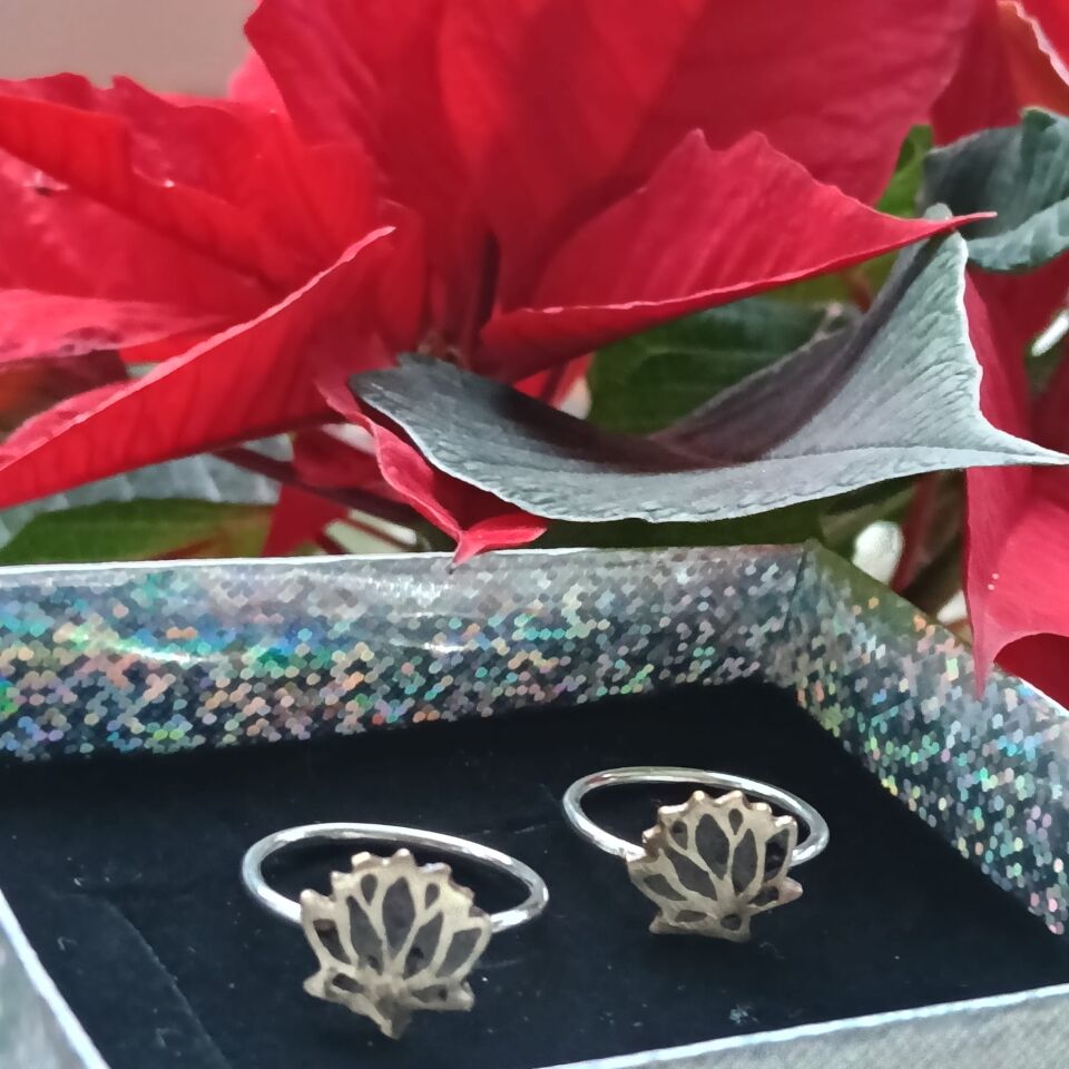 Onix  Doğal Taşlı Mozaik Gümüş & Bronz Lotus Çiçekli 925 Ayar Yüzük