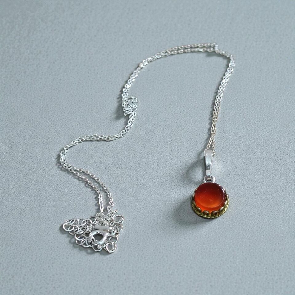 Akik Taşlı Prinç & Gümüş Kolye Ucu ve 925 Ayar Gümüş Kolye Zinciri