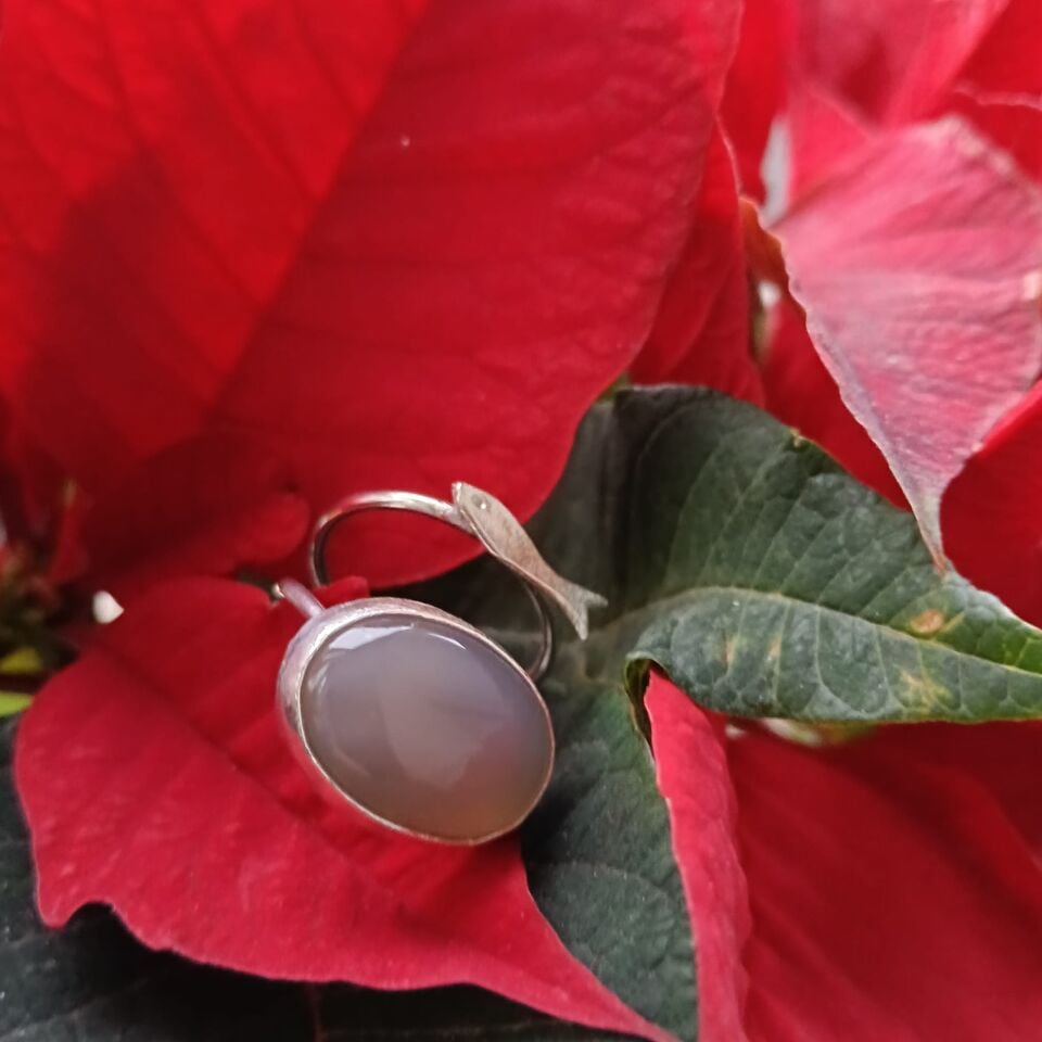 Gri Ay Taşlı Balık El Yapımı Gümüş Yüzük