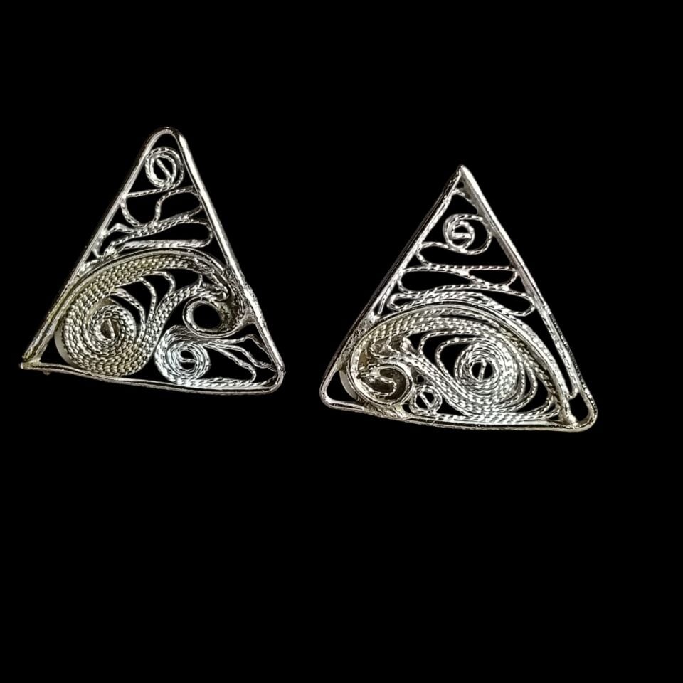 Telkari Gümüş El Yapımı Üçgen Küpeler