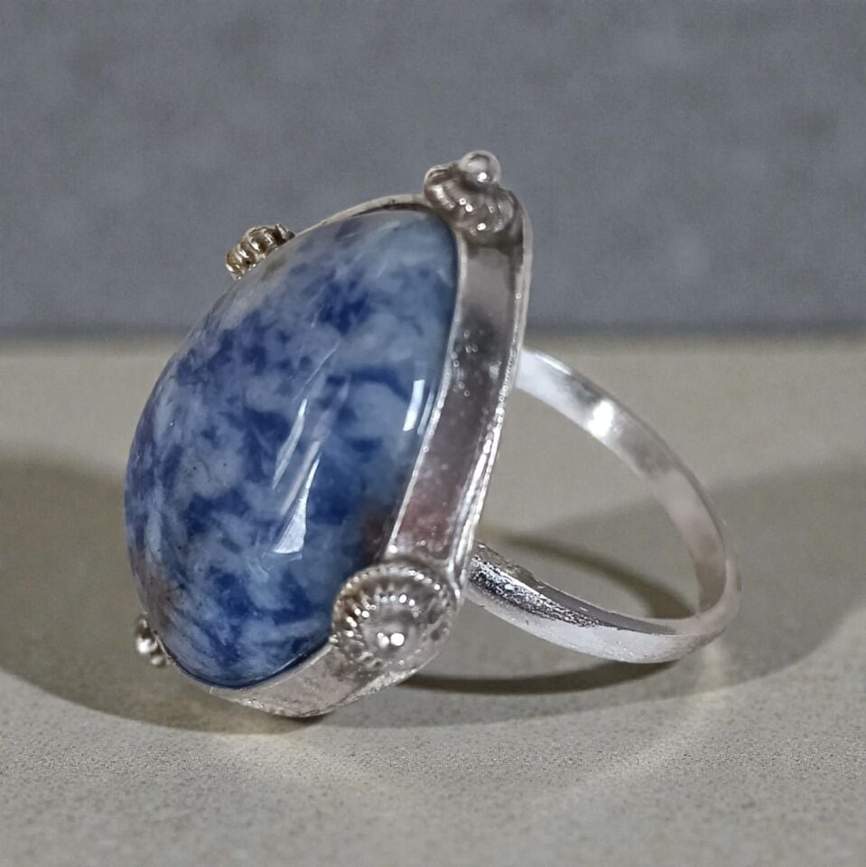 Sodalit Doğal Taşlı Gümüş El Yapımı Yüzük