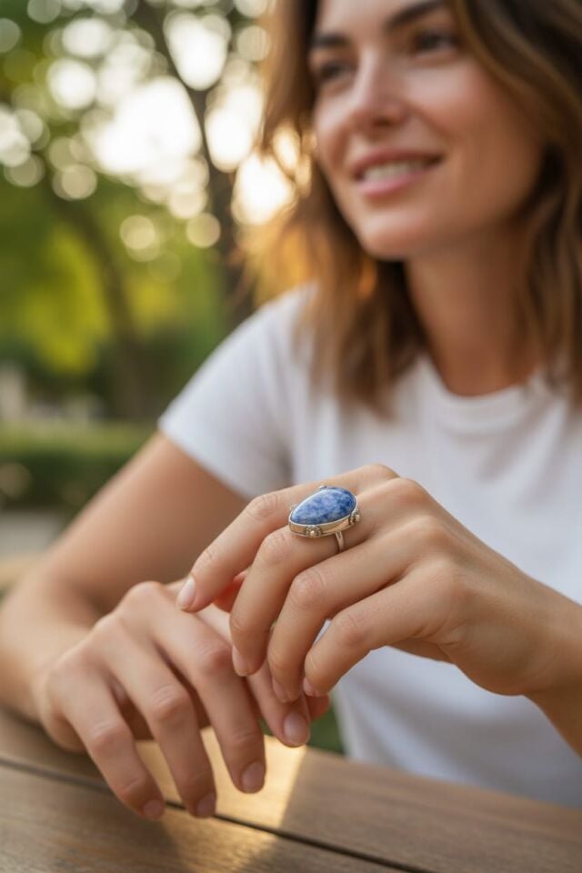 Sodalit Doğal Taşlı Gümüş El Yapımı Yüzük