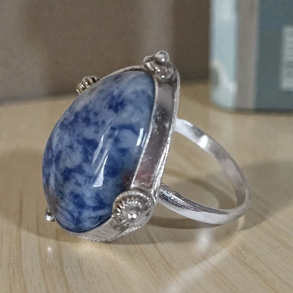 Sodalit Doğal Taşlı Gümüş El Yapımı Yüzük