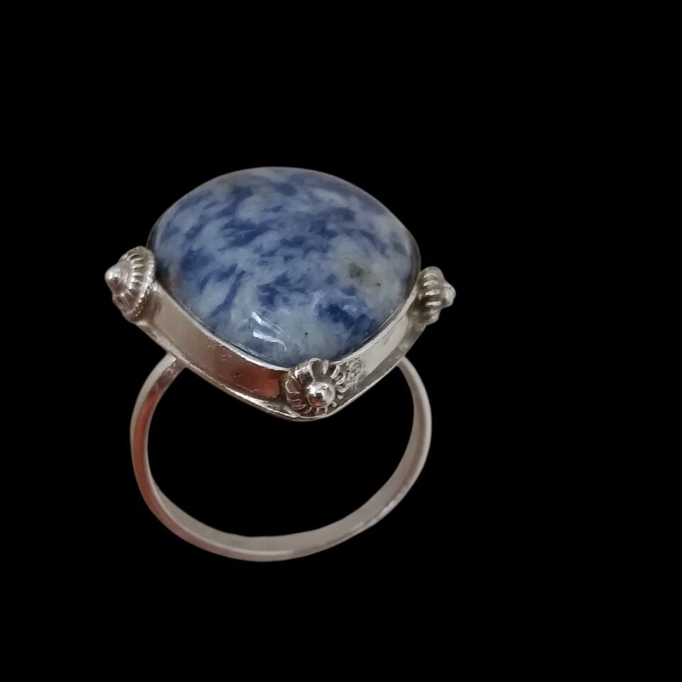 Sodalit Doğal Taşlı Gümüş El Yapımı Yüzük