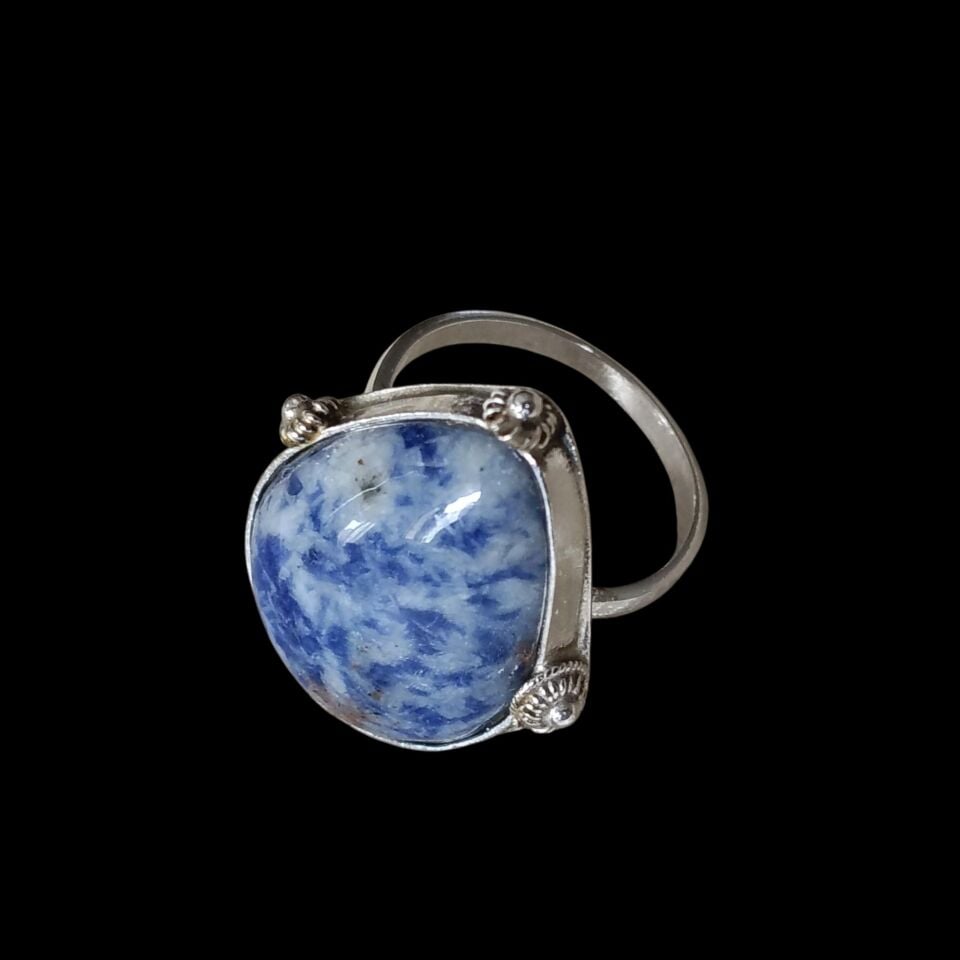 Sodalit Doğal Taşlı Gümüş El Yapımı Yüzük