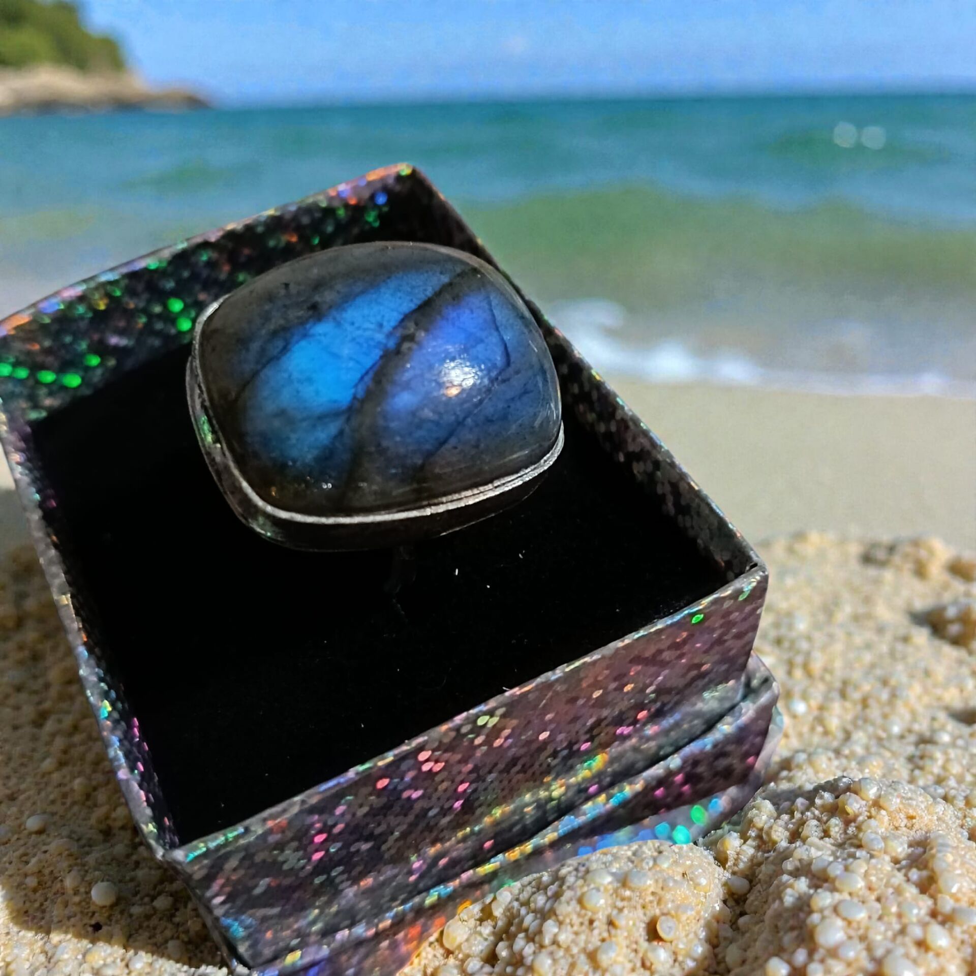 Dikdörtgen Labradorit Doğal Taşlı El Yapımı Gümüş Yüzük