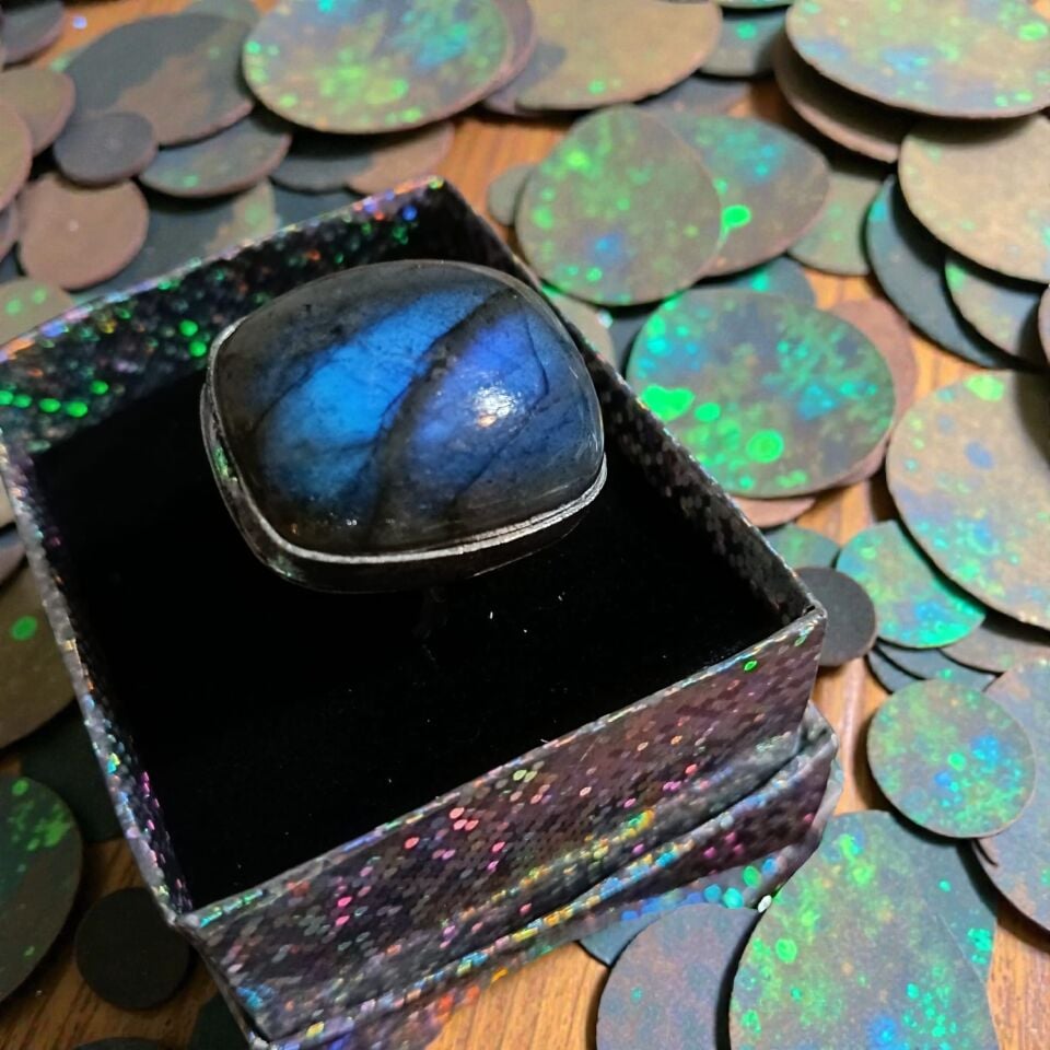 Dikdörtgen Labradorit Doğal Taşlı El Yapımı Gümüş Yüzük