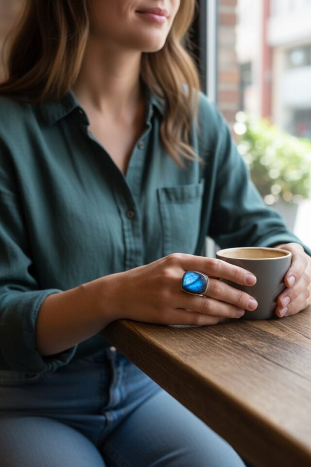 Dikdörtgen Labradorit Doğal Taşlı El Yapımı Gümüş Yüzük