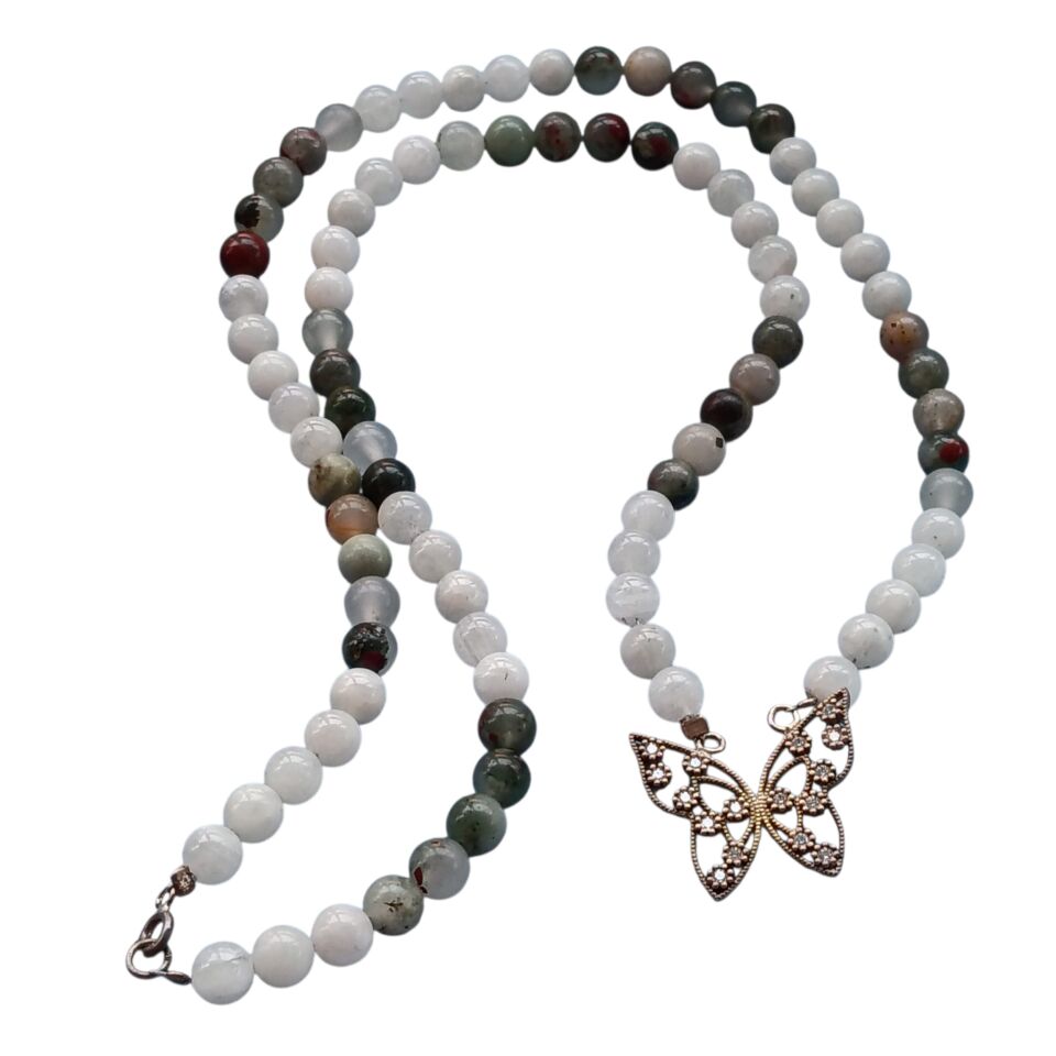 Gümüş Kelebek Yosunlu Akik ve Aytaşı Dizi Doğaltaş  Kolye