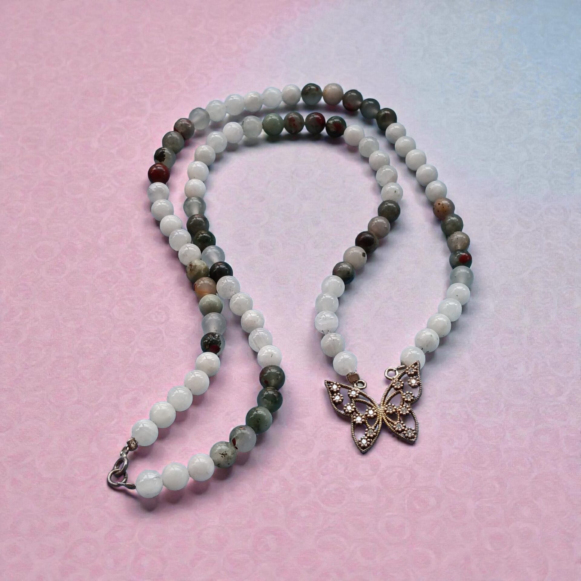 Gümüş Kelebek Yosunlu Akik ve Aytaşı Dizi Doğaltaş  Kolye