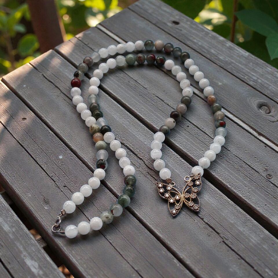 Gümüş Kelebek Yosunlu Akik ve Aytaşı Dizi Doğaltaş  Kolye