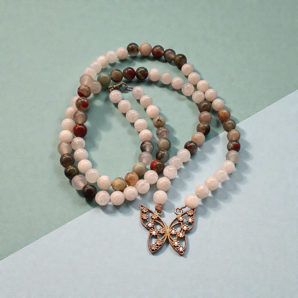 Gümüş Kelebek Yosunlu Akik ve Aytaşı Dizi Doğaltaş  Kolye