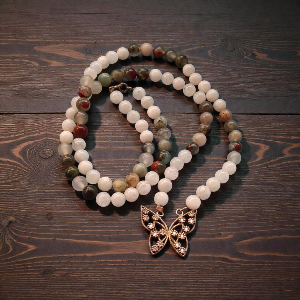 Gümüş Kelebek Yosunlu Akik ve Aytaşı Dizi Doğaltaş  Kolye