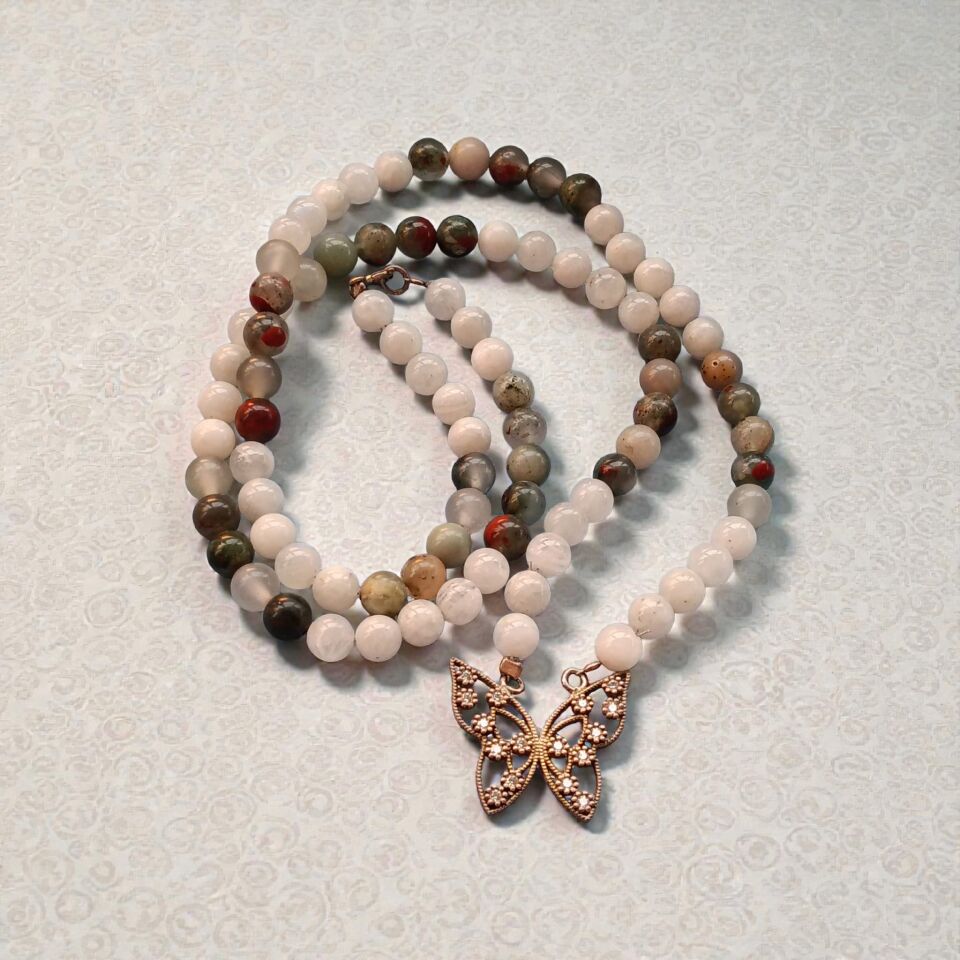 Gümüş Kelebek Yosunlu Akik ve Aytaşı Dizi Doğaltaş  Kolye